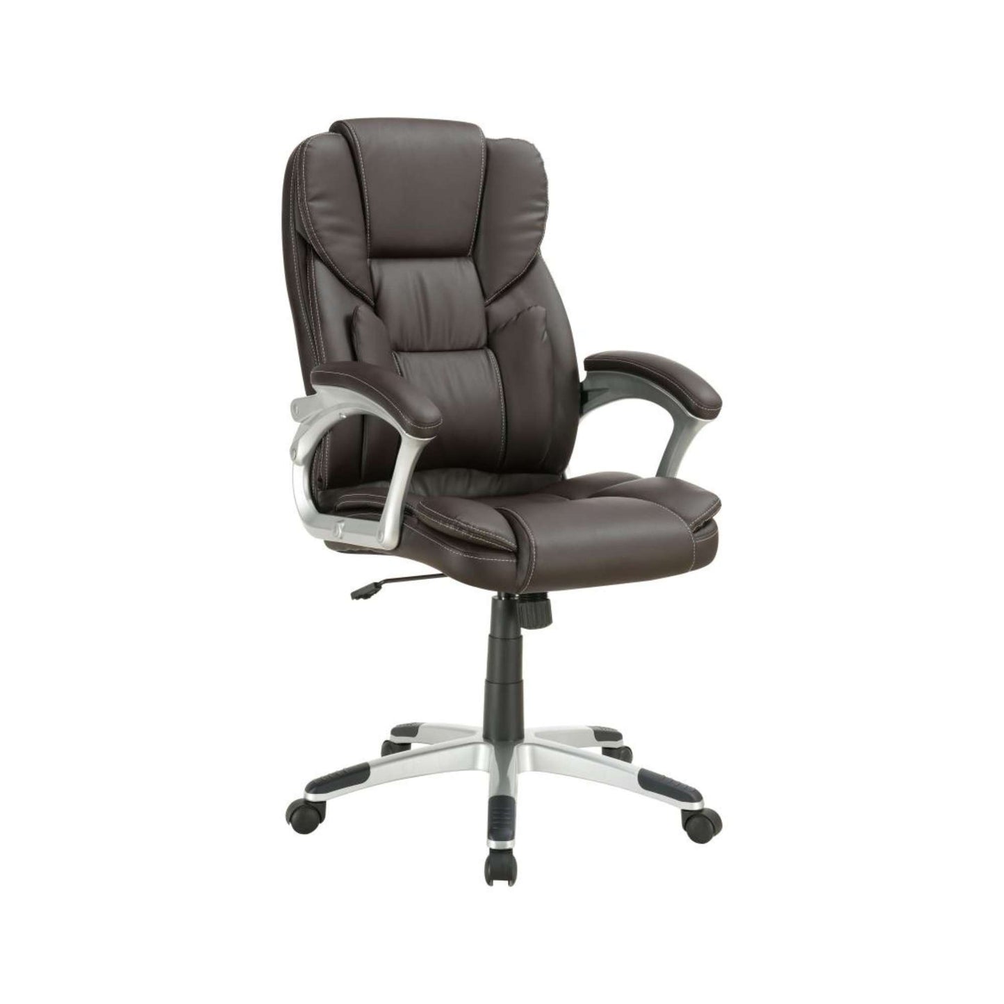 Dark brown faux leather adjustable height office chair with armrests on white background with castor wheels.