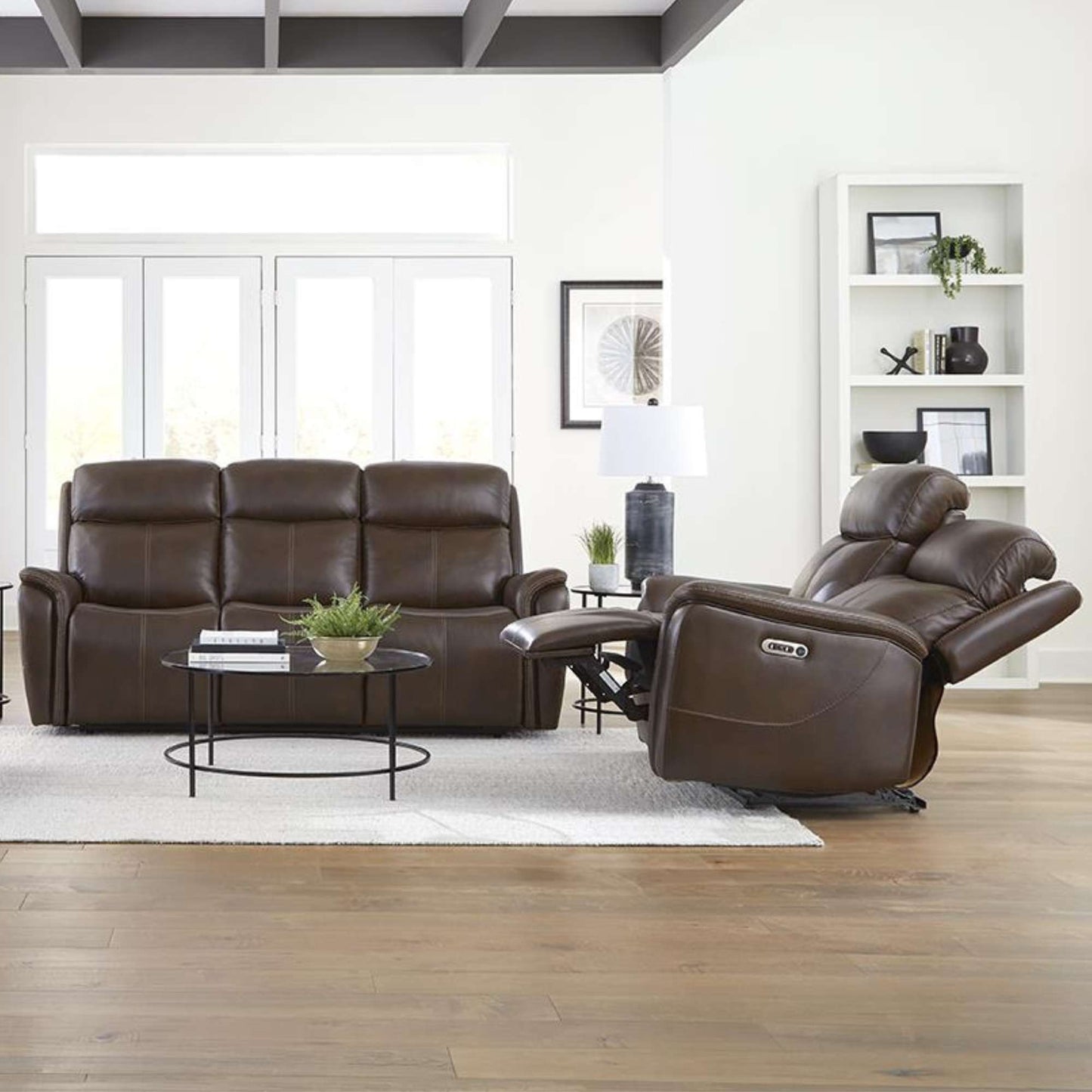 Yulton Dual Power Reclining Sofa and Loveseat with Power Adjustable Headrest, Genuine Leather Match