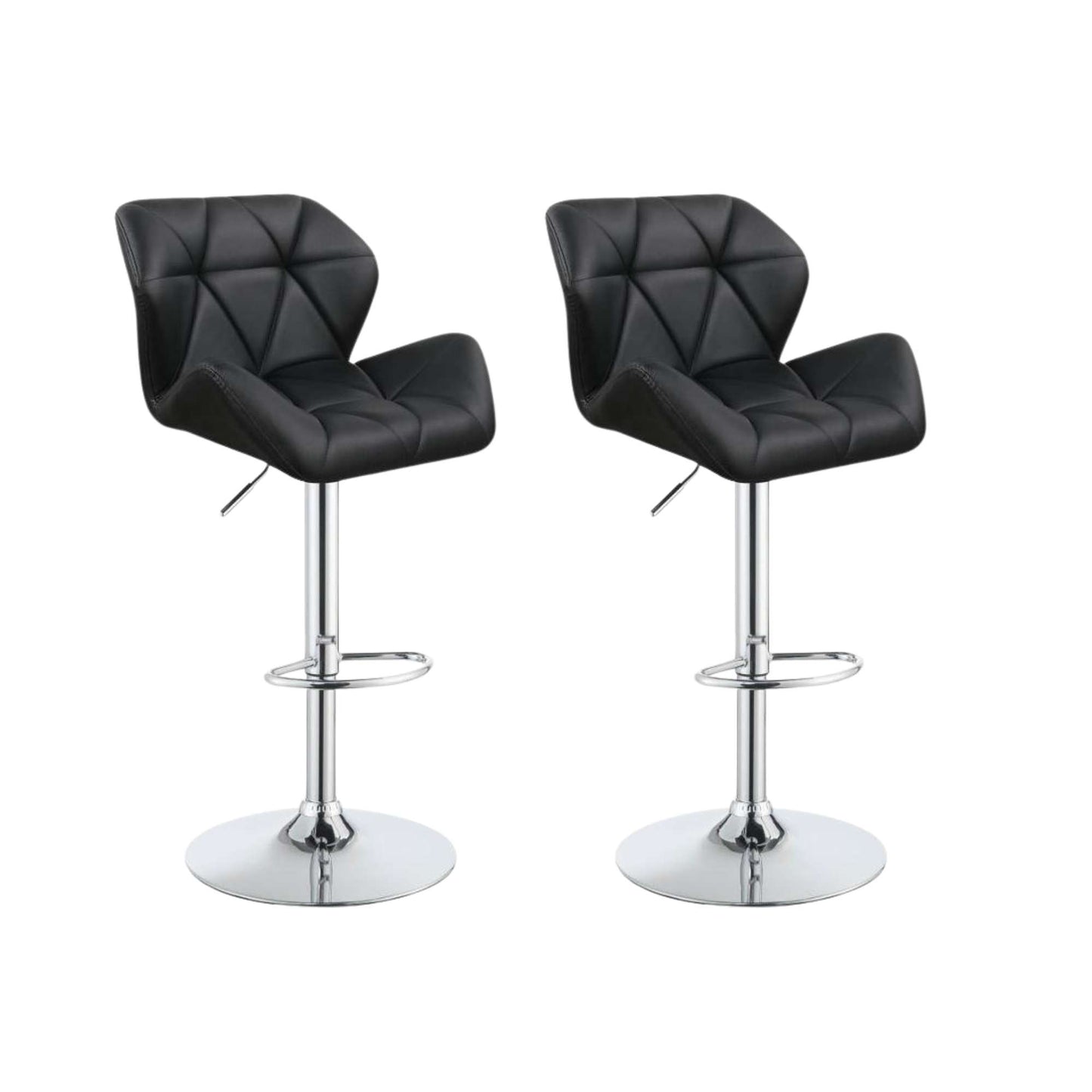 Two black bar stools with chrome bases on a white background