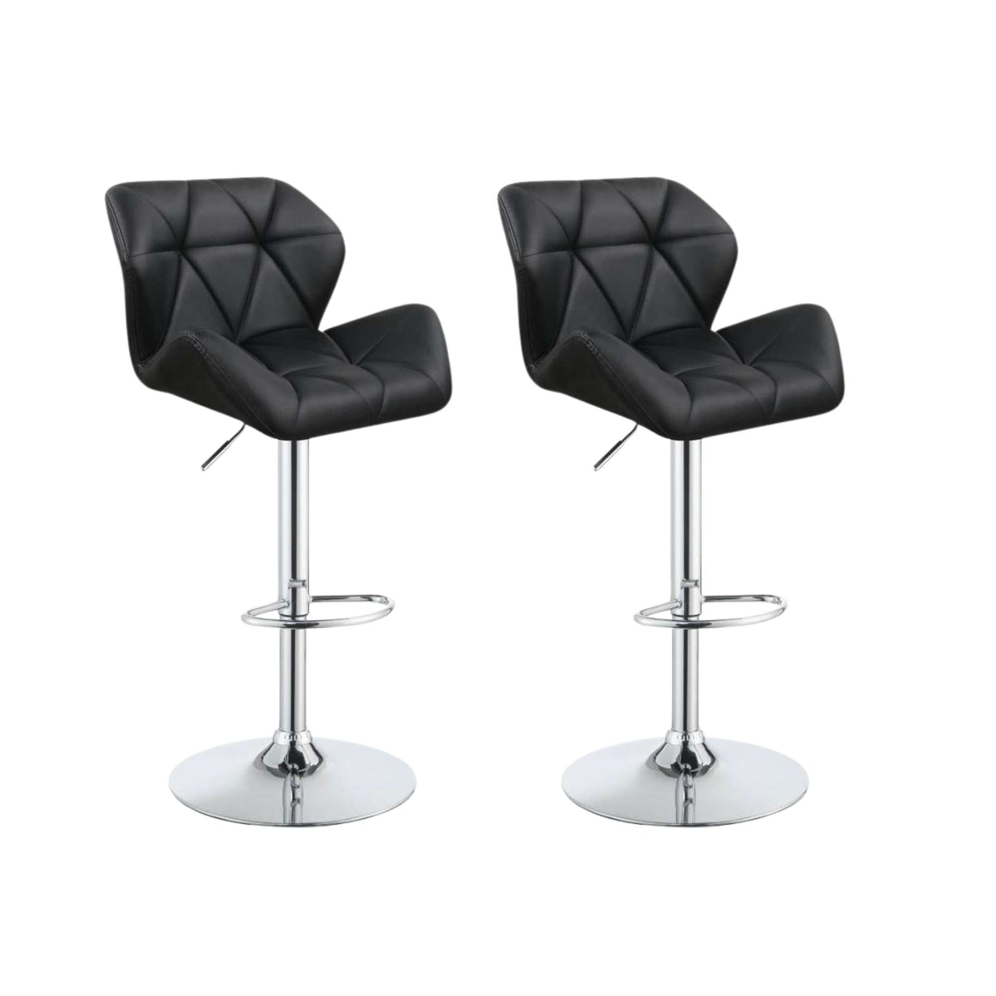 Two black bar stools with chrome bases on a white background