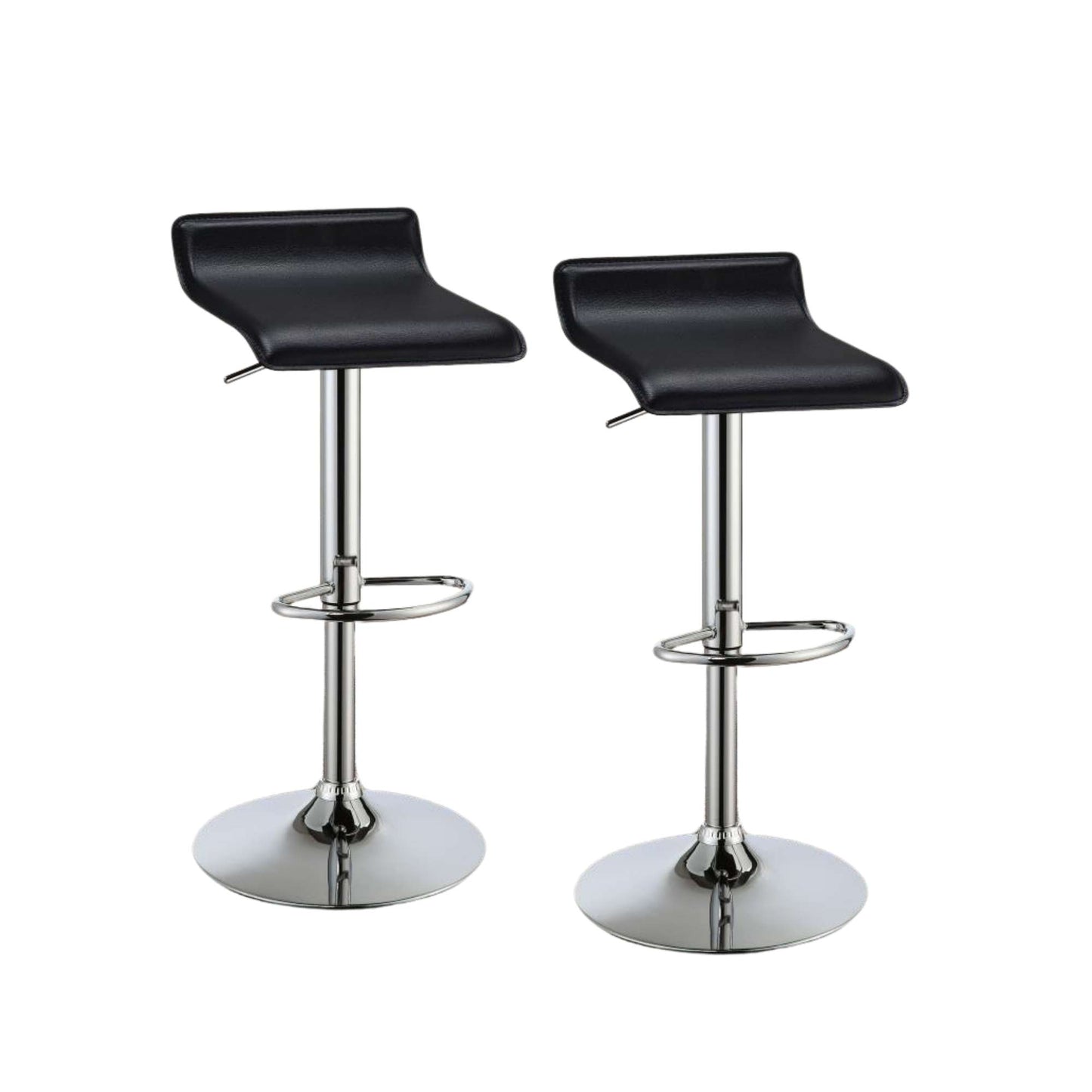 Two black bar stools with chrome bases on a white background