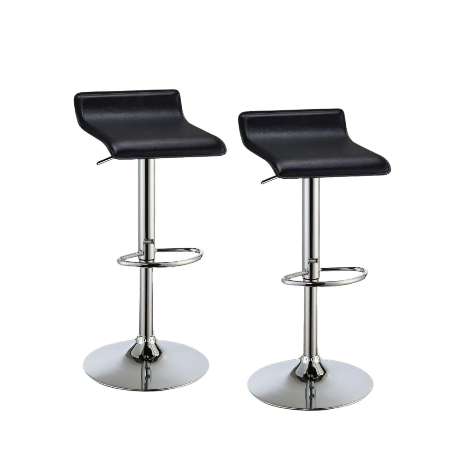 Two black bar stools with chrome bases on a white background
