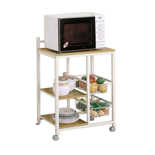 Kitchen cart with microwave, plates, and fruits on a white background