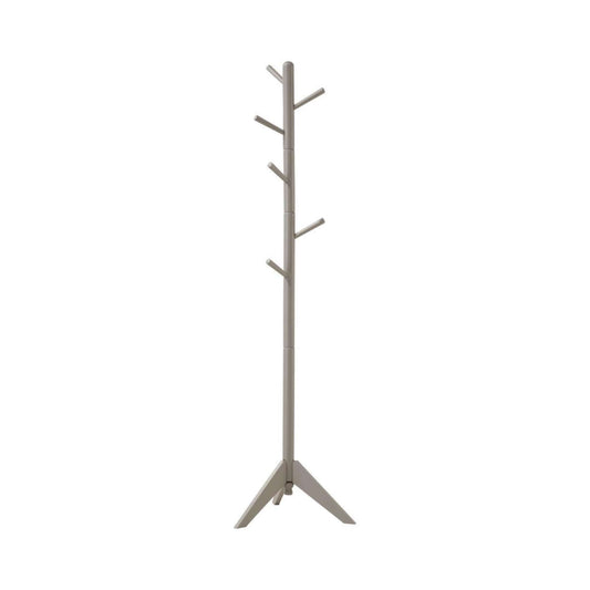 Beige grey coat rack with multiple hooks on a white background