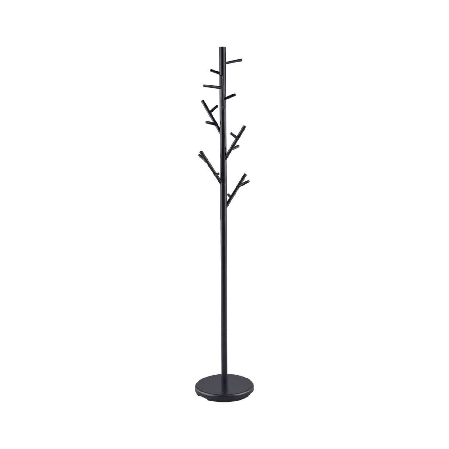 Black coat rack with branch-like design on a white background