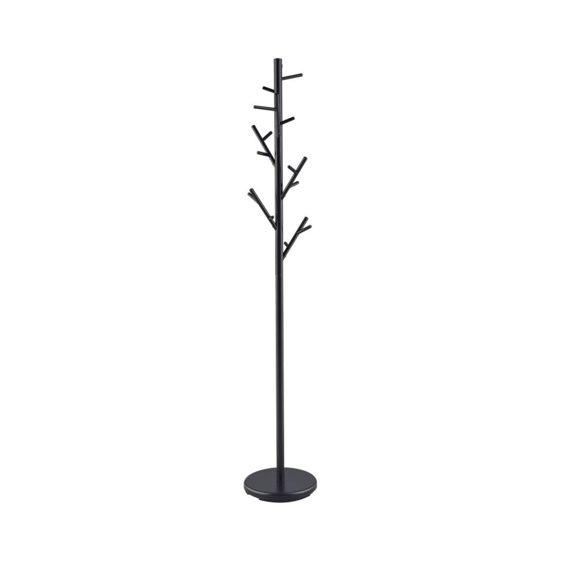 Black coat rack with branch-like design on a white background