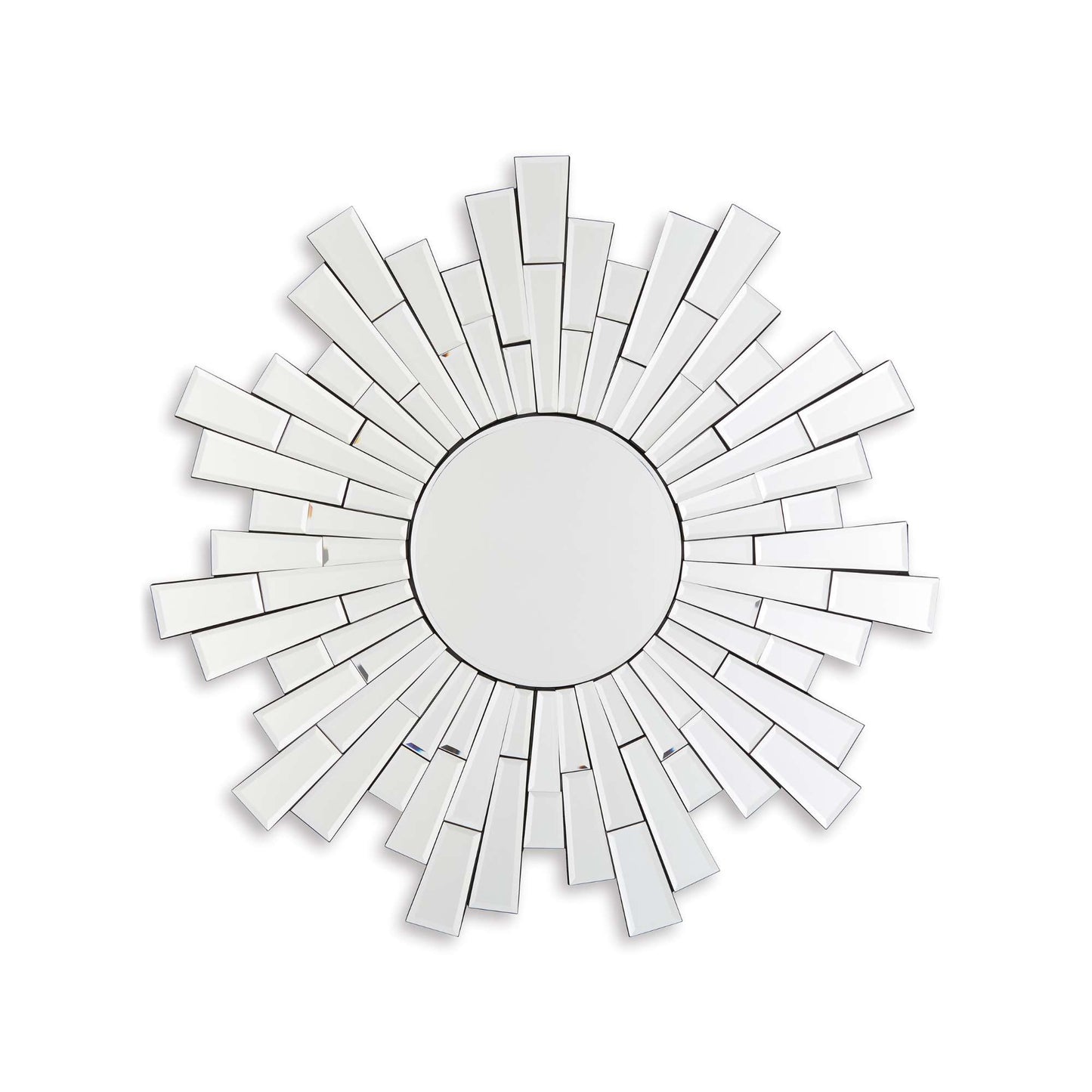 A circular accent mirror with a sunburst design, featuring a series of reflective mirror pieces arranged in a radial pattern around the center.