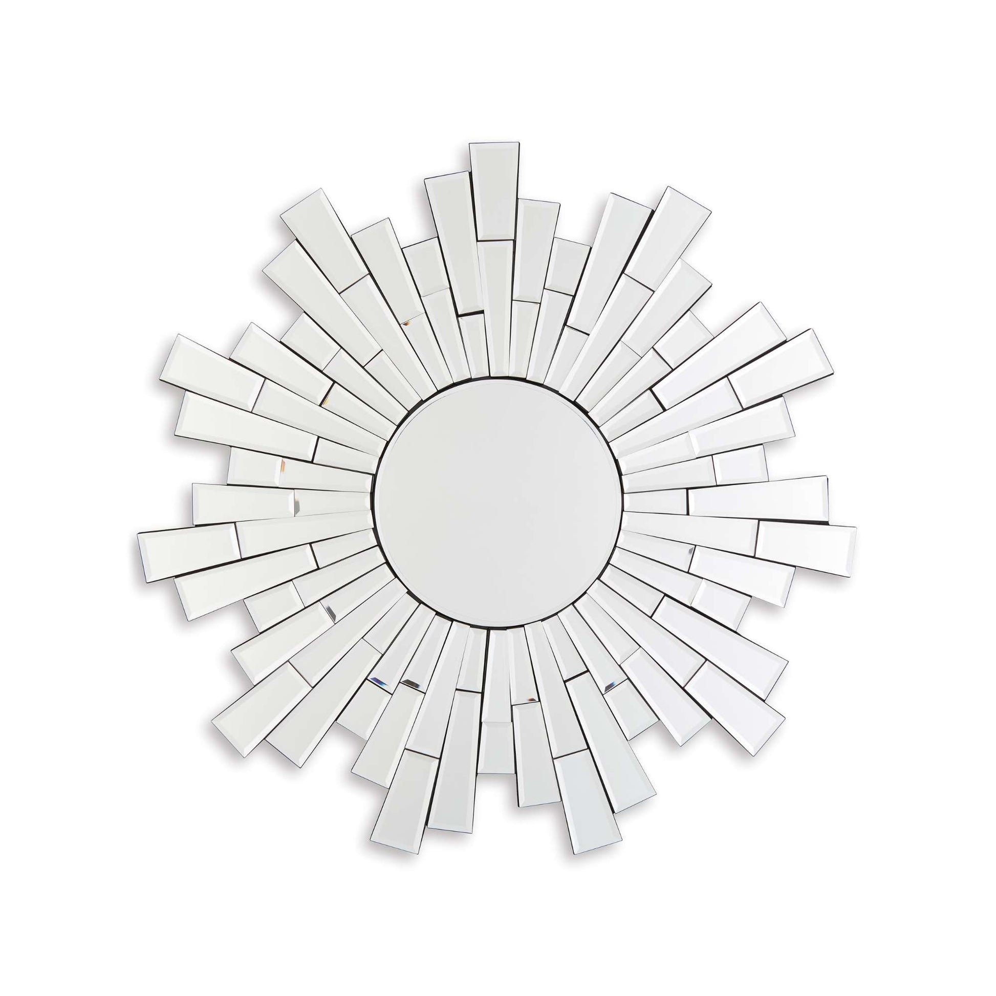 A circular accent mirror with a sunburst design, featuring a series of reflective mirror pieces arranged in a radial pattern around the center.