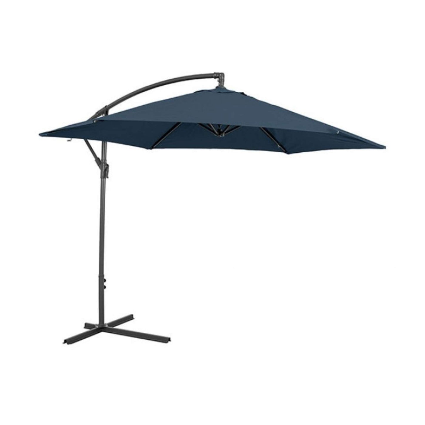 Blue patio cantilever umbrella with black stand with LED strip on a white background