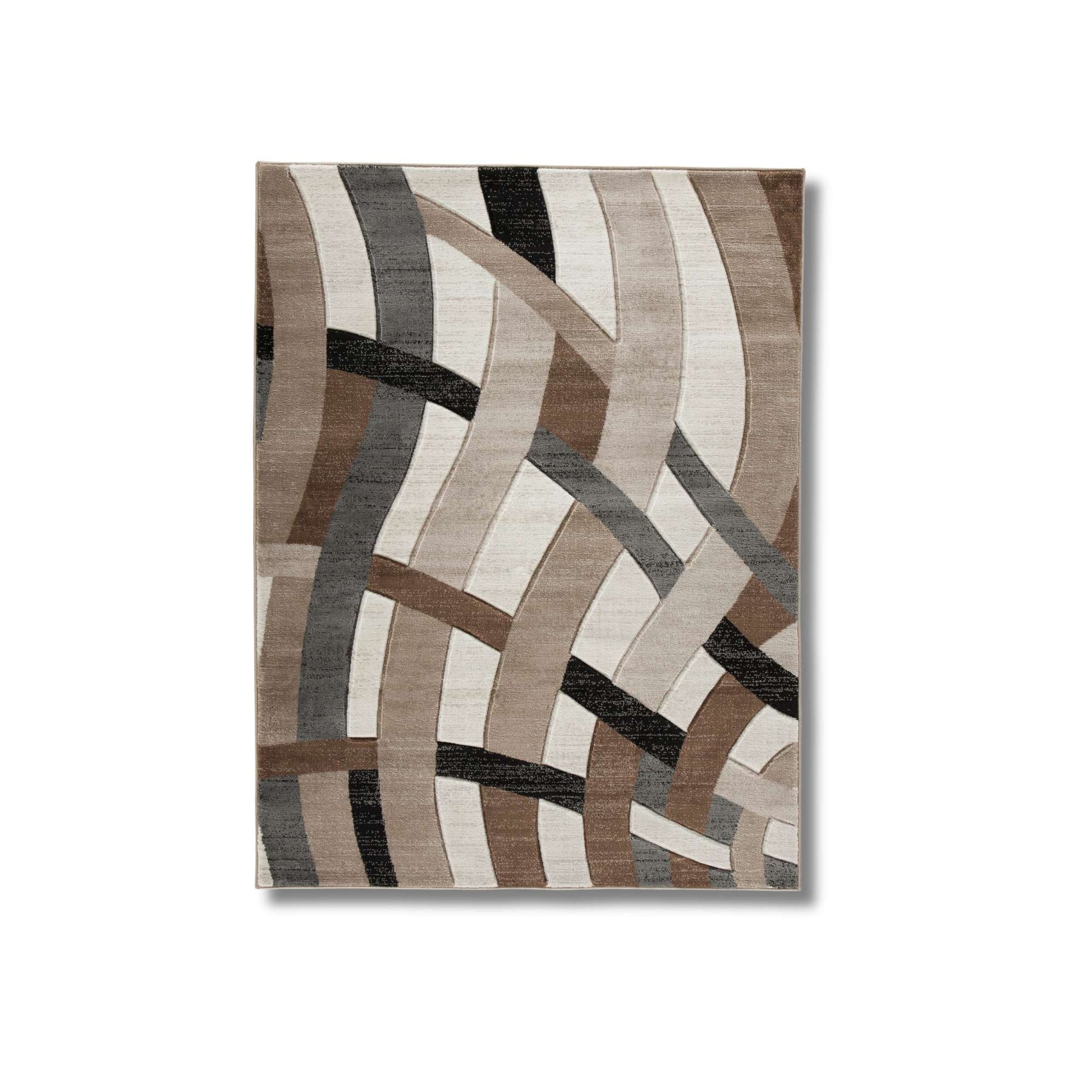 A rectangular area rug with an abstract, modern geometric pattern of wavy interlocking stripes in beige, brown, gray, black, and off-white, shown against a plain white background.