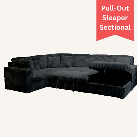 Black pull-out sleeper sectional sofa with a red label on a white background