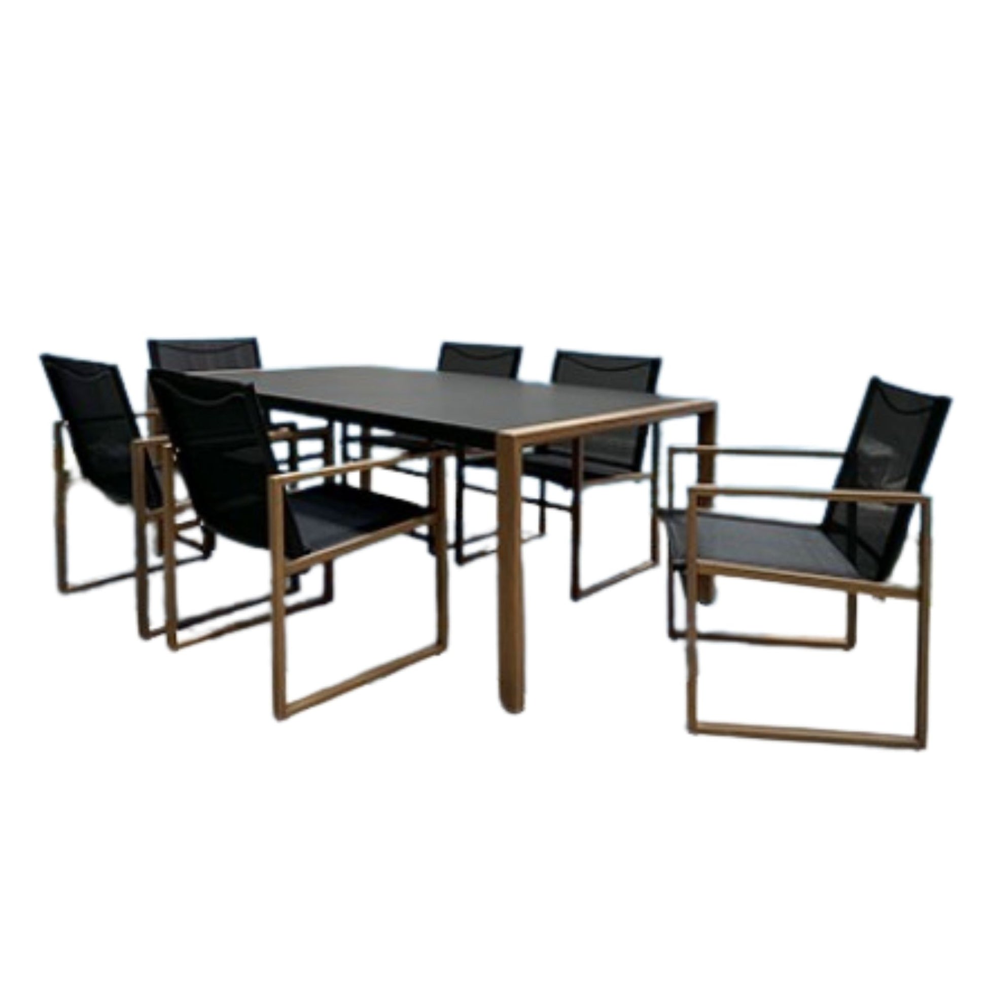 Alipaz 7-piece outdoor dining set featuring a rectangular black table and six matching armchairs with black seats and natural metal frames, shown against a plain white background.