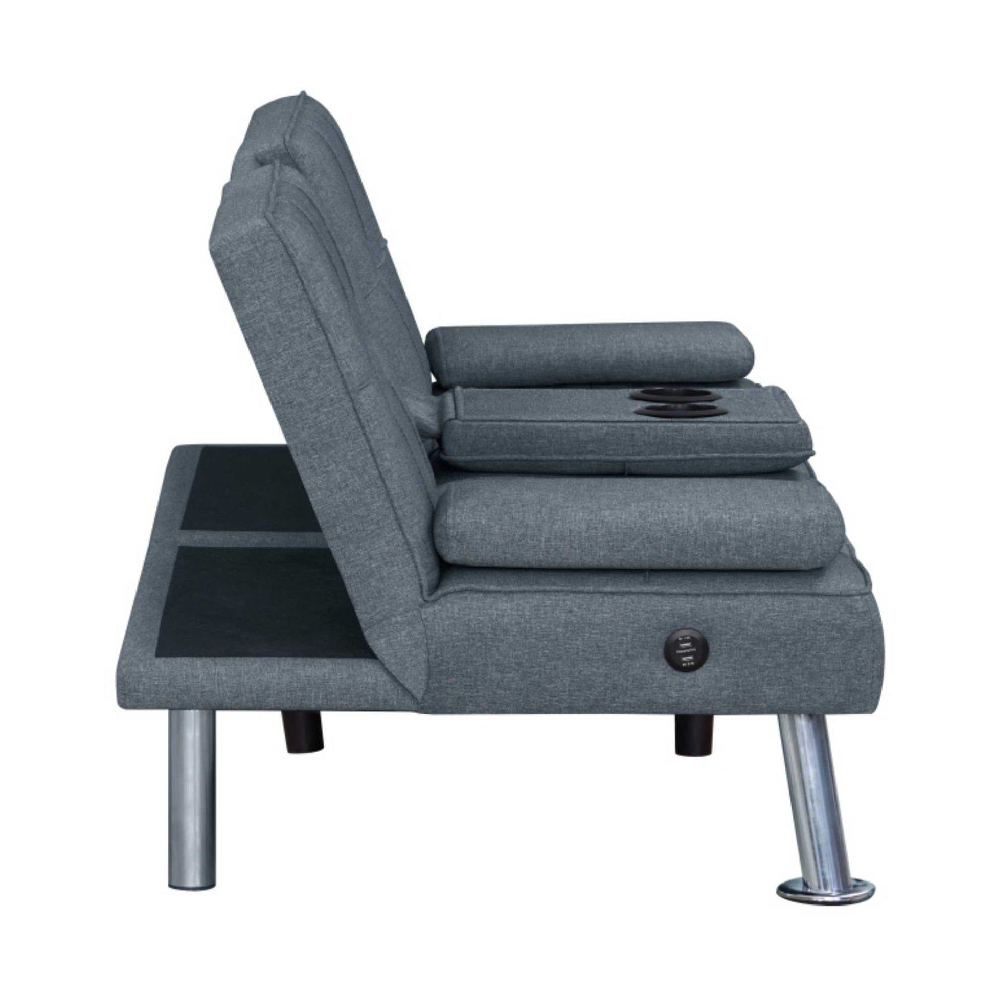 Gray upholstered chair with cup holders on a white background