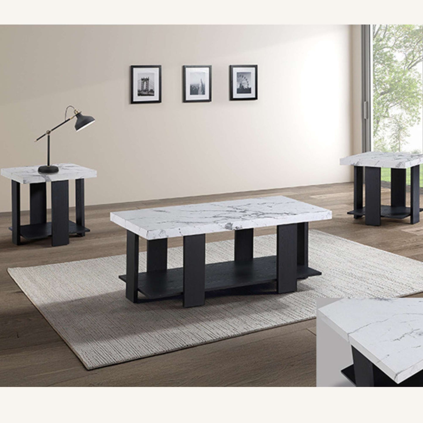 Living room set with marble coffee table and side tables on a wooden floor.