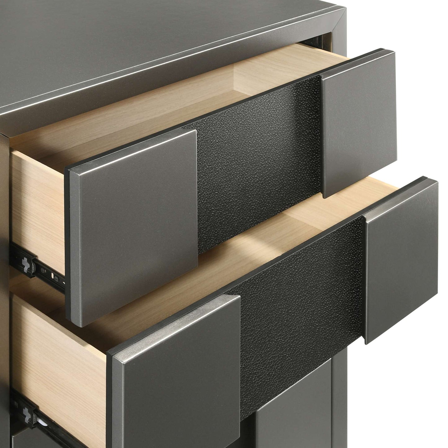 Close-up of Alston chest with open drawers featuring a combination of wood and metal with extension gliders on white background