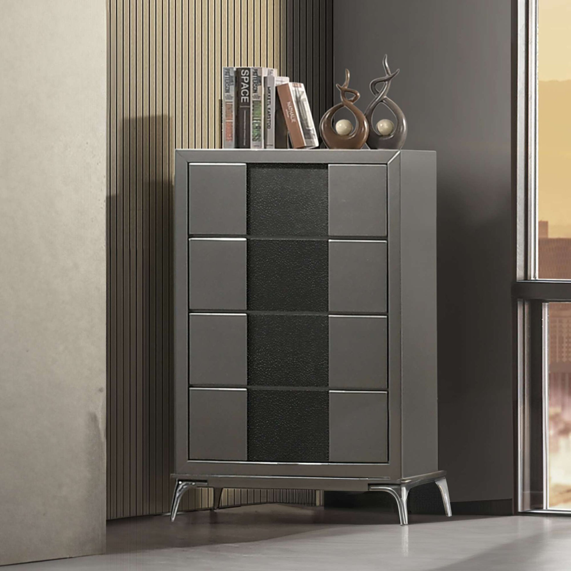 Alston Modern gray cabinet with black strip design in a room setting
