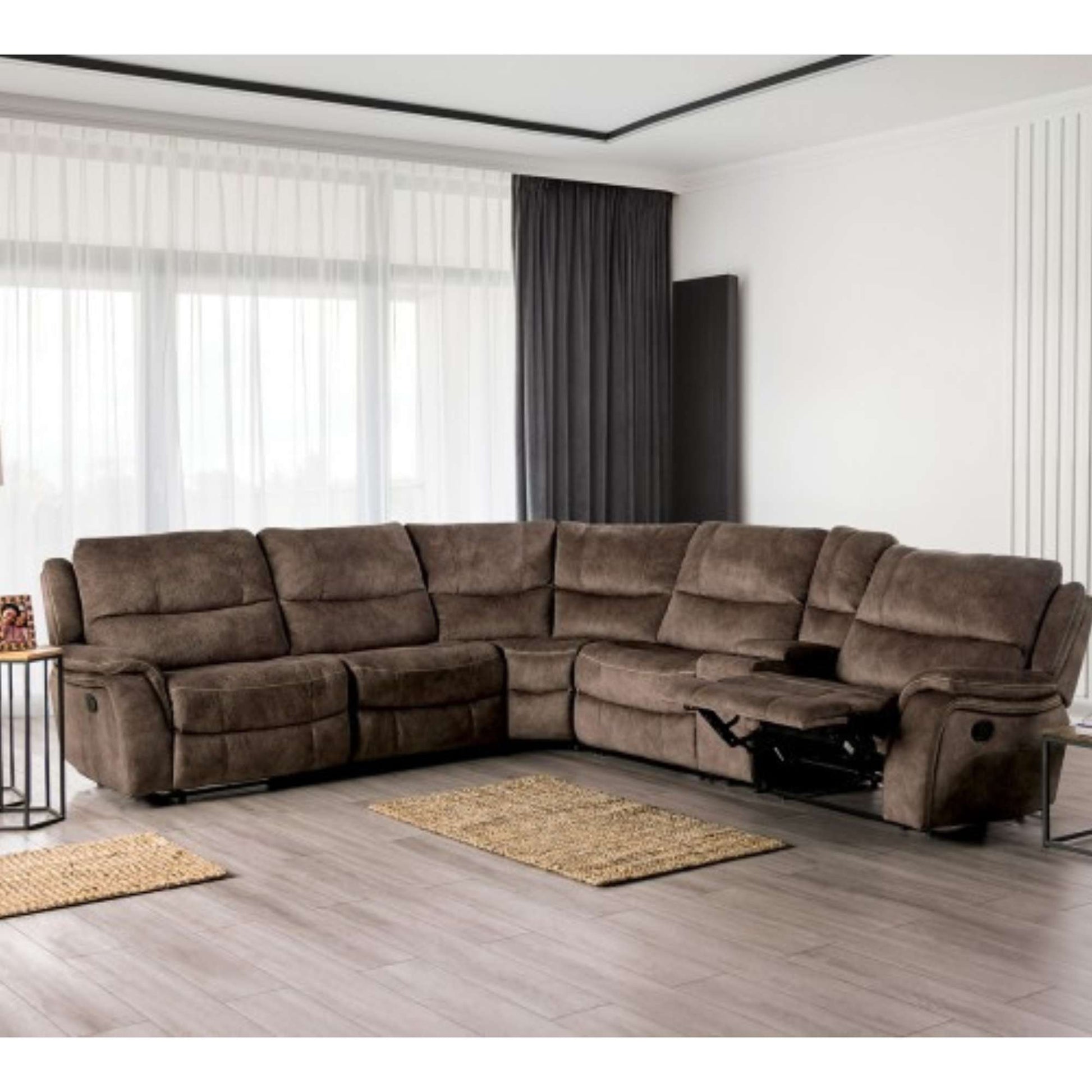 Brown Augusta motion sectional with open arm recliner chair in living room setting
