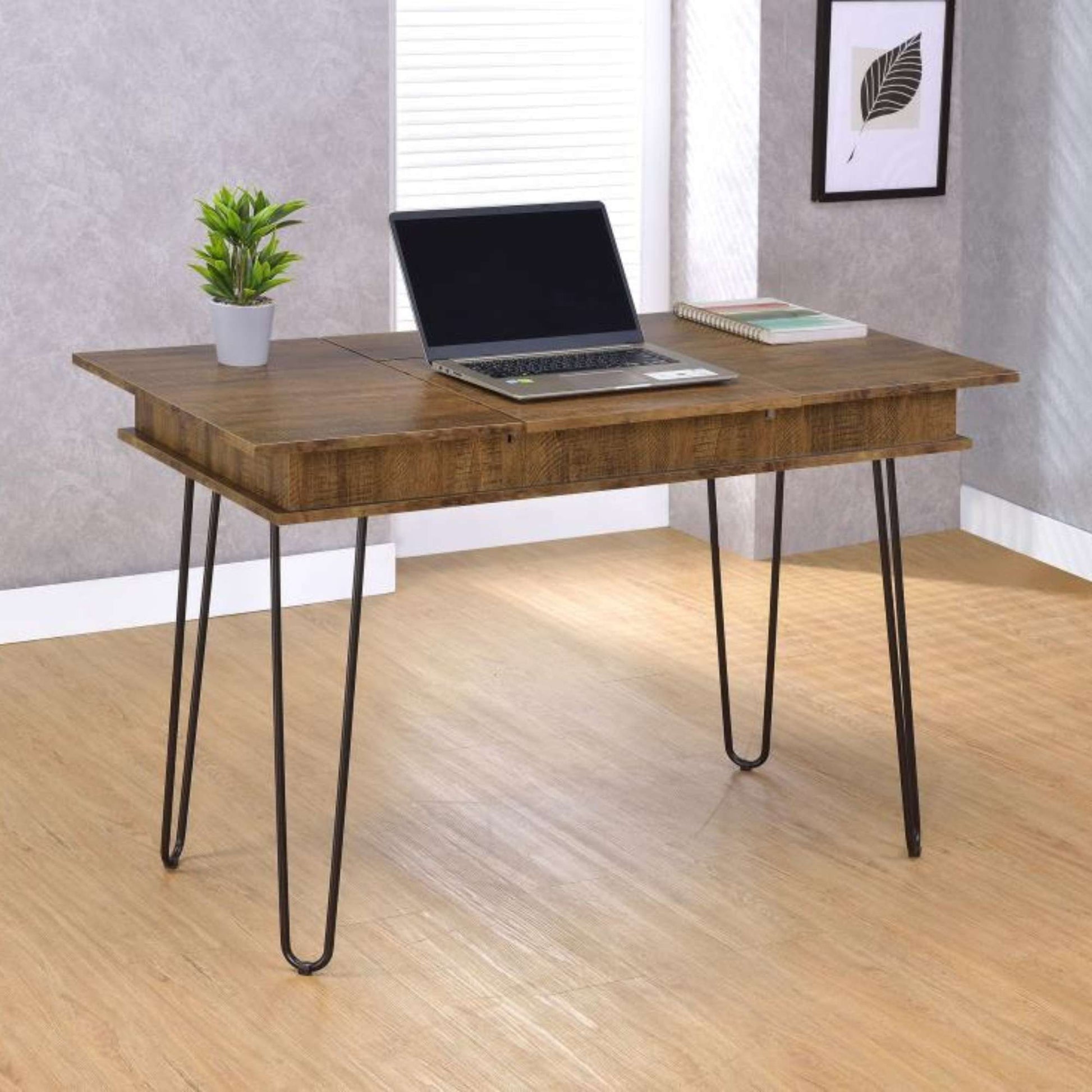 Wooden desk with laptop and plant in a room with a window and wall art.