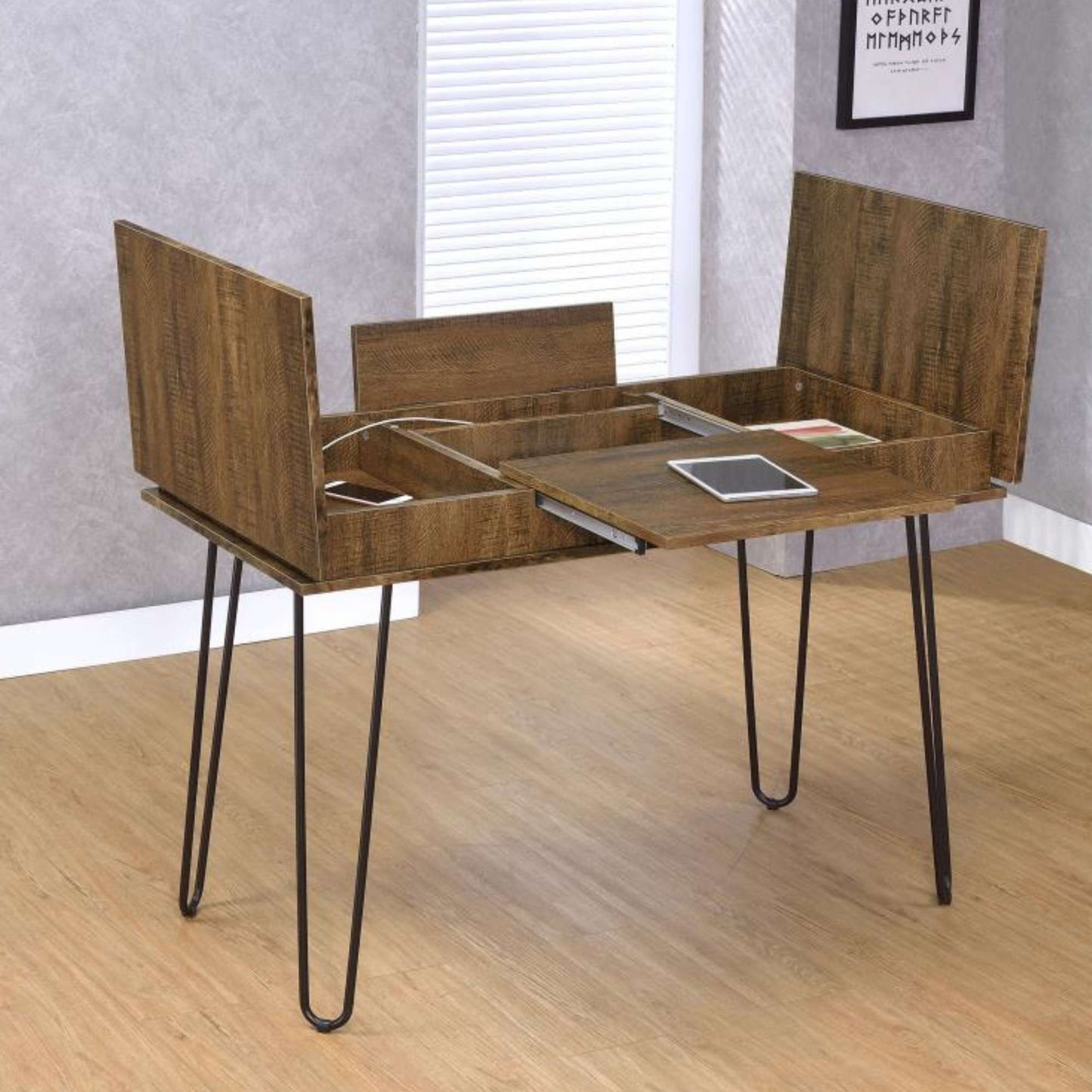 Wooden desk with multiple drawers and a tablet on a wooden floor.