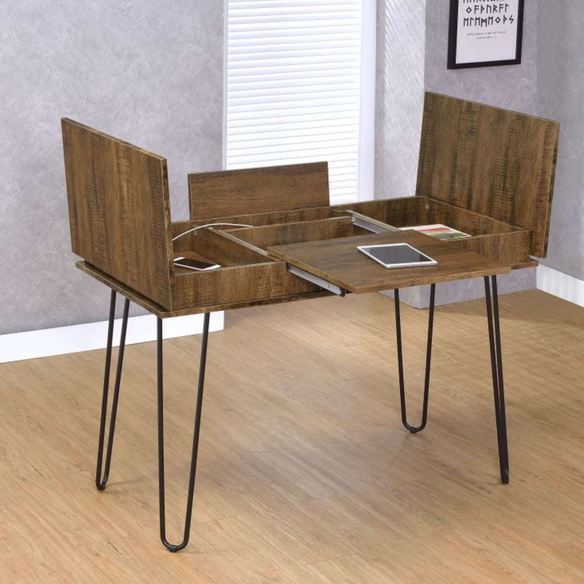 Wooden desk with multiple drawers and a tablet on a wooden floor.