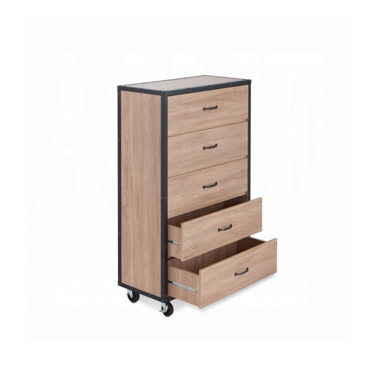 Bemis 5-Drawer Chest in Weathered oak and metal edges with castor wheels on white background. 