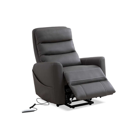 A power lift recliner chair in gray faux leather with a remote control attached to the side.