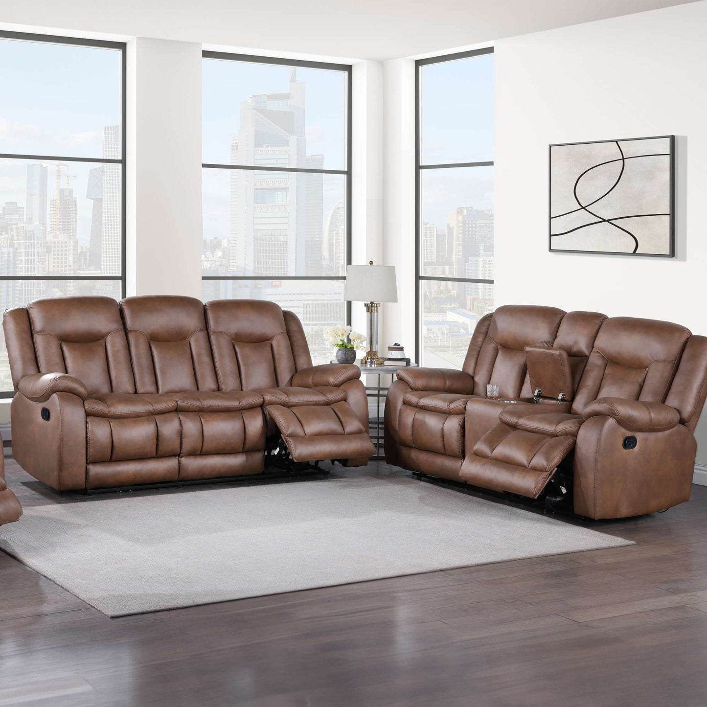 Blythe Dual Reclining Sofa and Loveseat Set in Saddle brown in living room setting