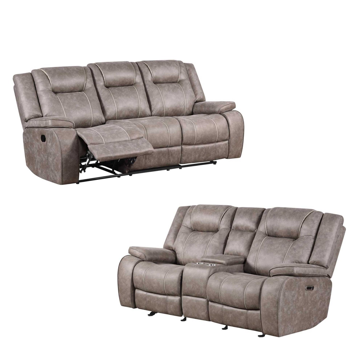 A dual reclining sofa and loveseat set in desert taupe upholstery, with the sofa showing the reclining mechanism and both pieces featuring cup holders against white background