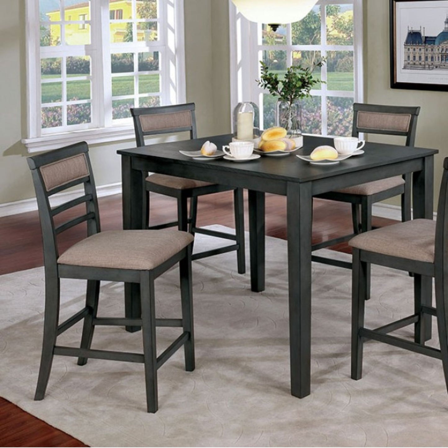 Brickell Grey/Beige Counter height dining set with table and four chairs in dining room setting and accents