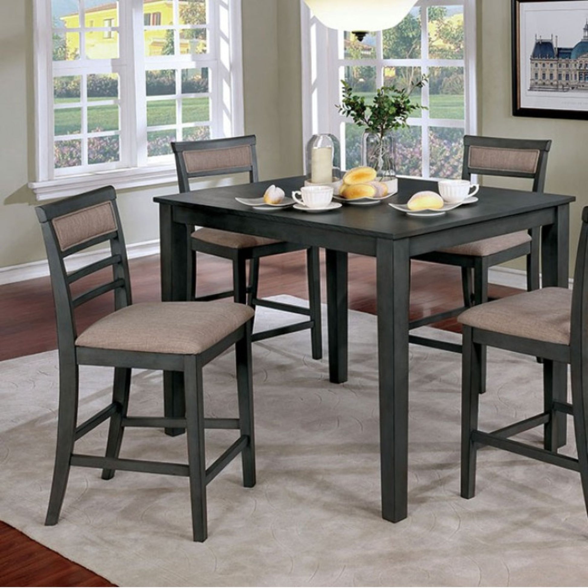 Brickell Grey/Beige Counter height dining set with table and four chairs in dining room setting and accents