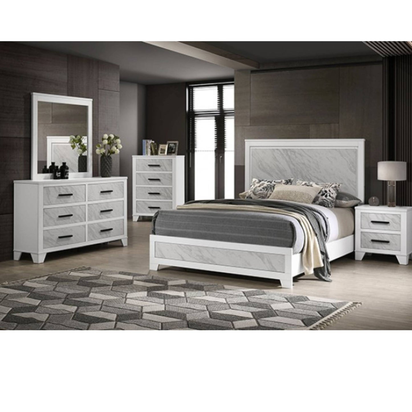 Bridson Modern bedroom set with white furniture, including a bed, dresser, and nightstands, in a room with wooden flooring and large windows setting.