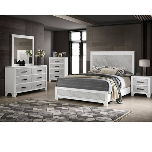 Bridson Modern bedroom set with white furniture, including a bed, dresser, and nightstands, in a room with wooden flooring and large windows setting.