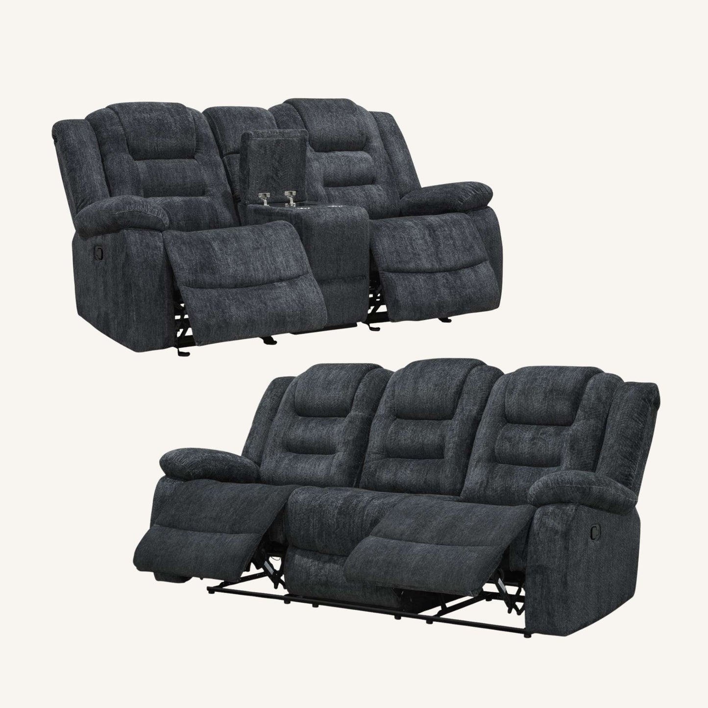 Brienne 2 pc Set of gray recliner sofa and loveseat on a white background