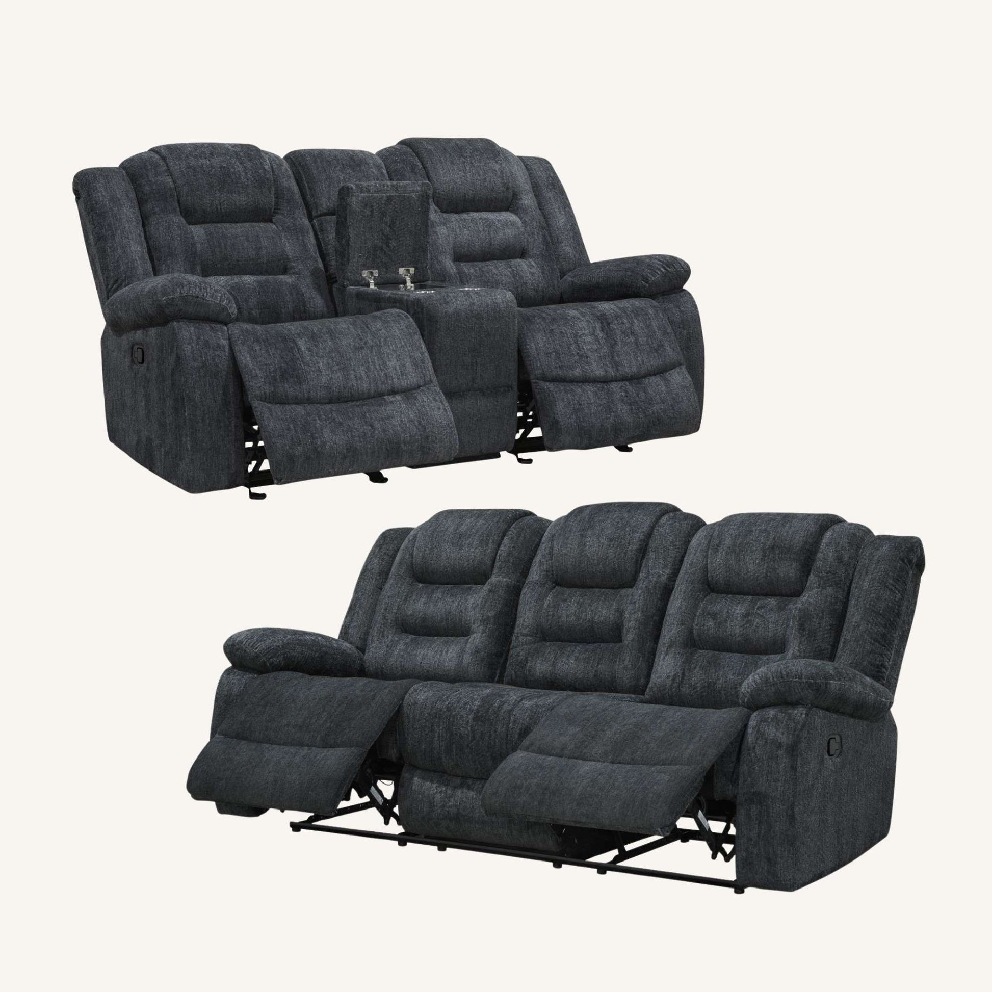 Brienne 2 pc Set of gray recliner sofa and loveseat on a white background