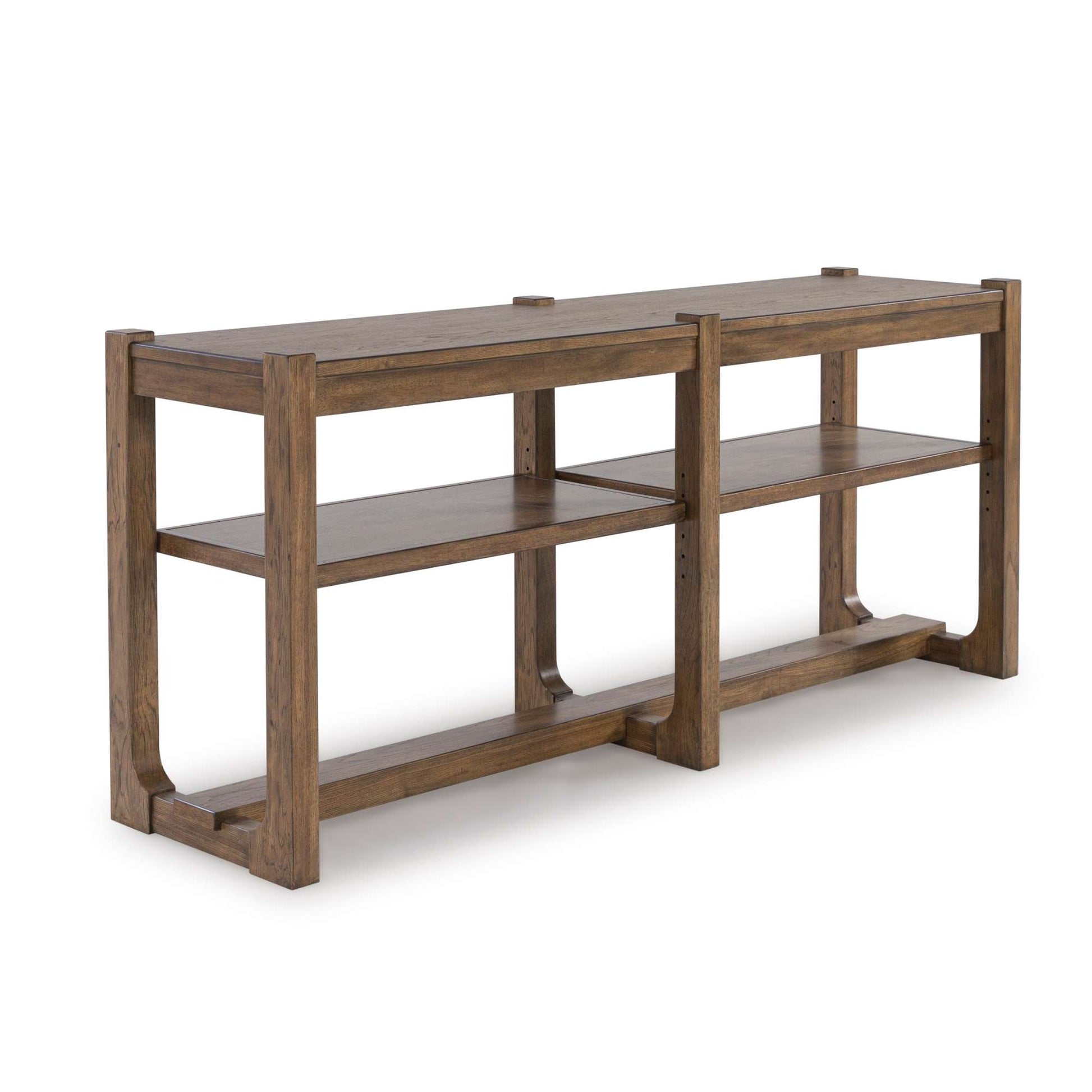 Wooden console table with three shelves on a white background