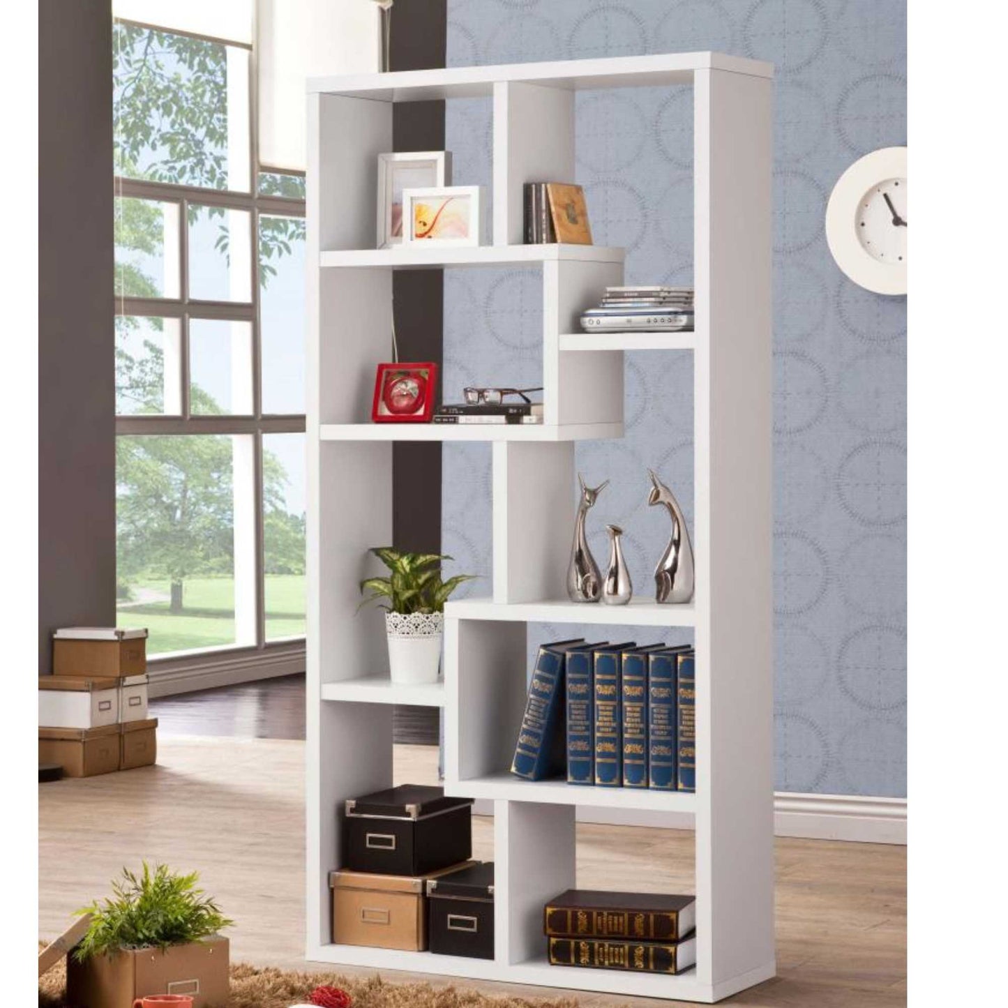 white geometric bookcase with rectangular and square storage space against white background