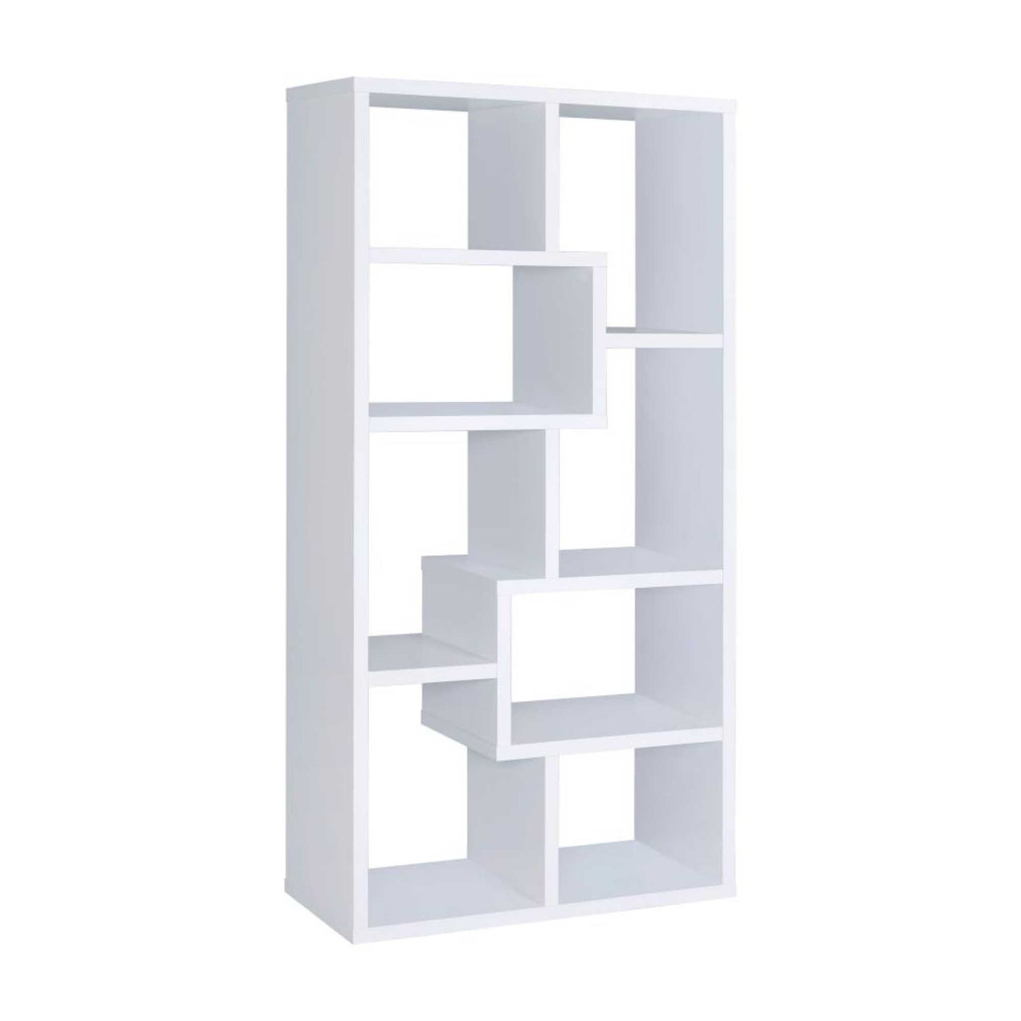 white geometric bookcase with rectangular and square storage space against white background