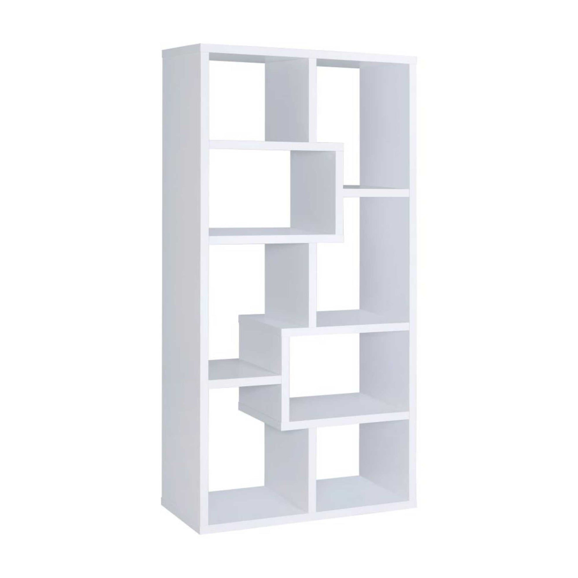 white geometric bookcase with rectangular and square storage space against white background