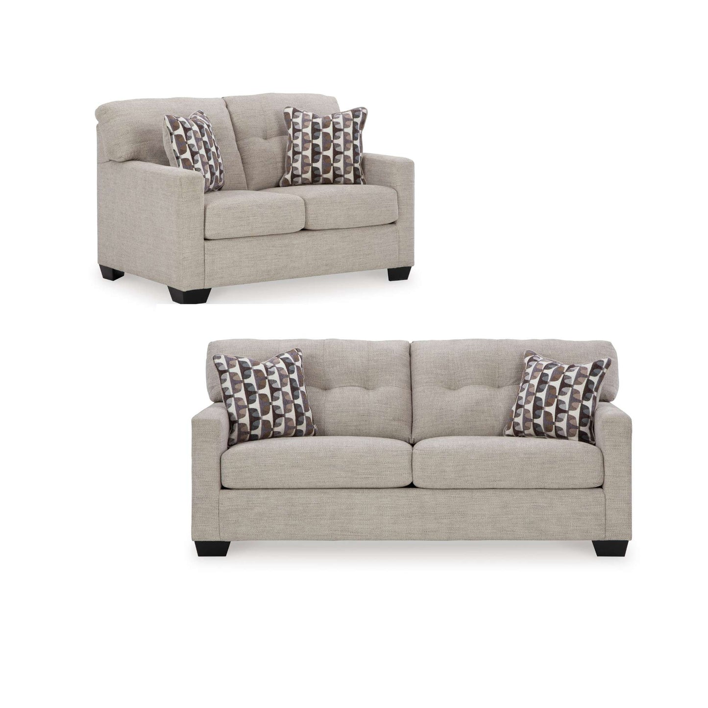 Calbex sofa and loveseat in pebble with patterned accent pillows on white background