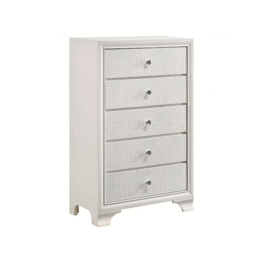 Cherice Chest drawer with 5 drawers in white frost finish and textured drawers on white background