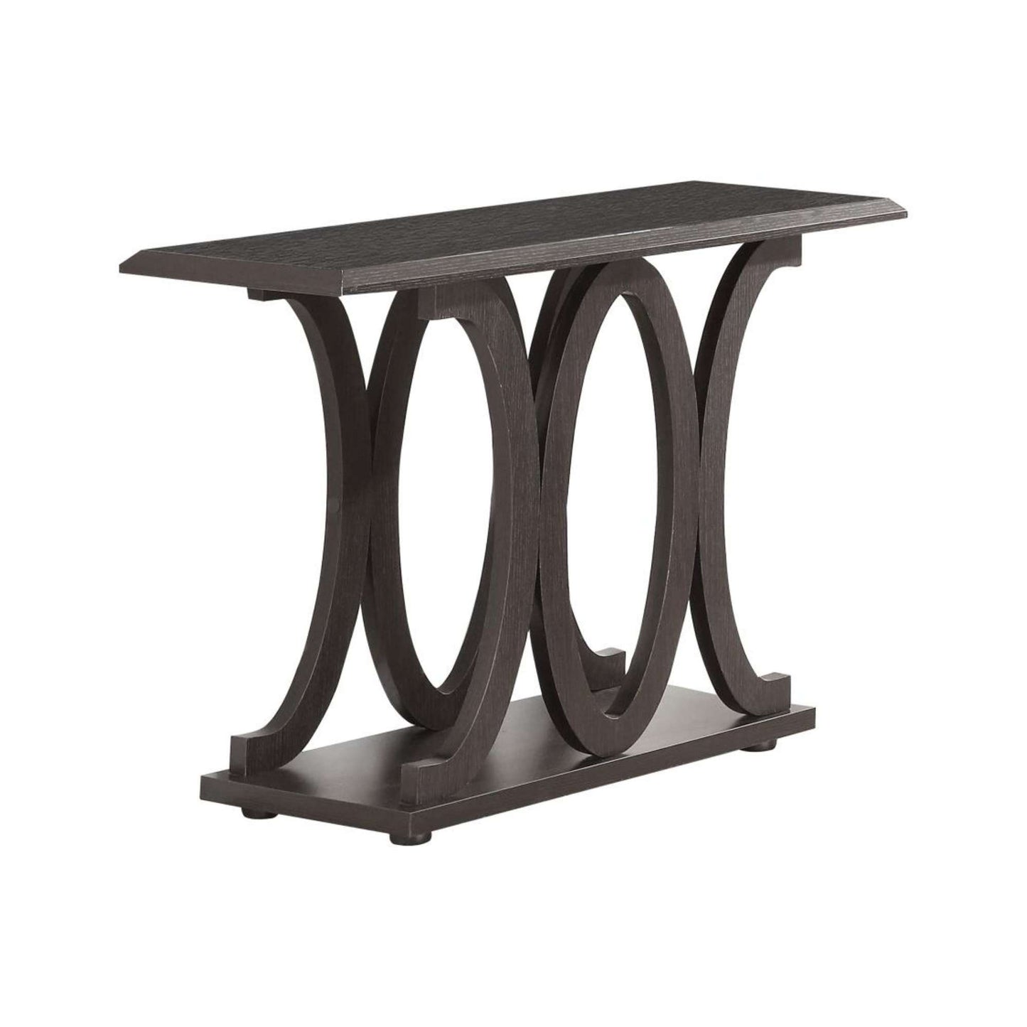 Dark wood console table with circular leg design on a white background
