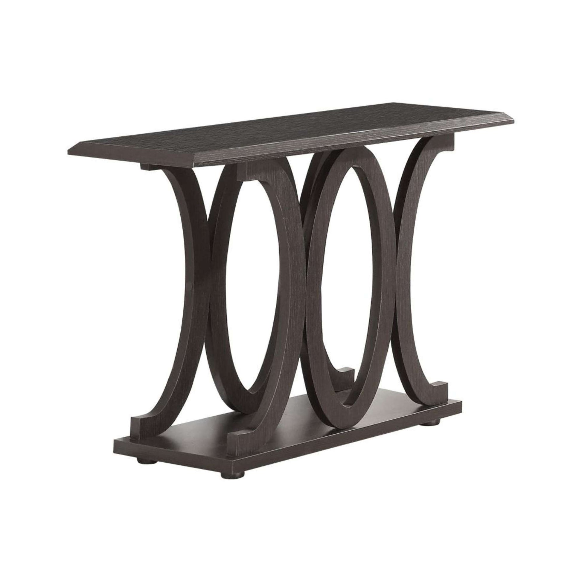Dark wood console table with circular leg design on a white background