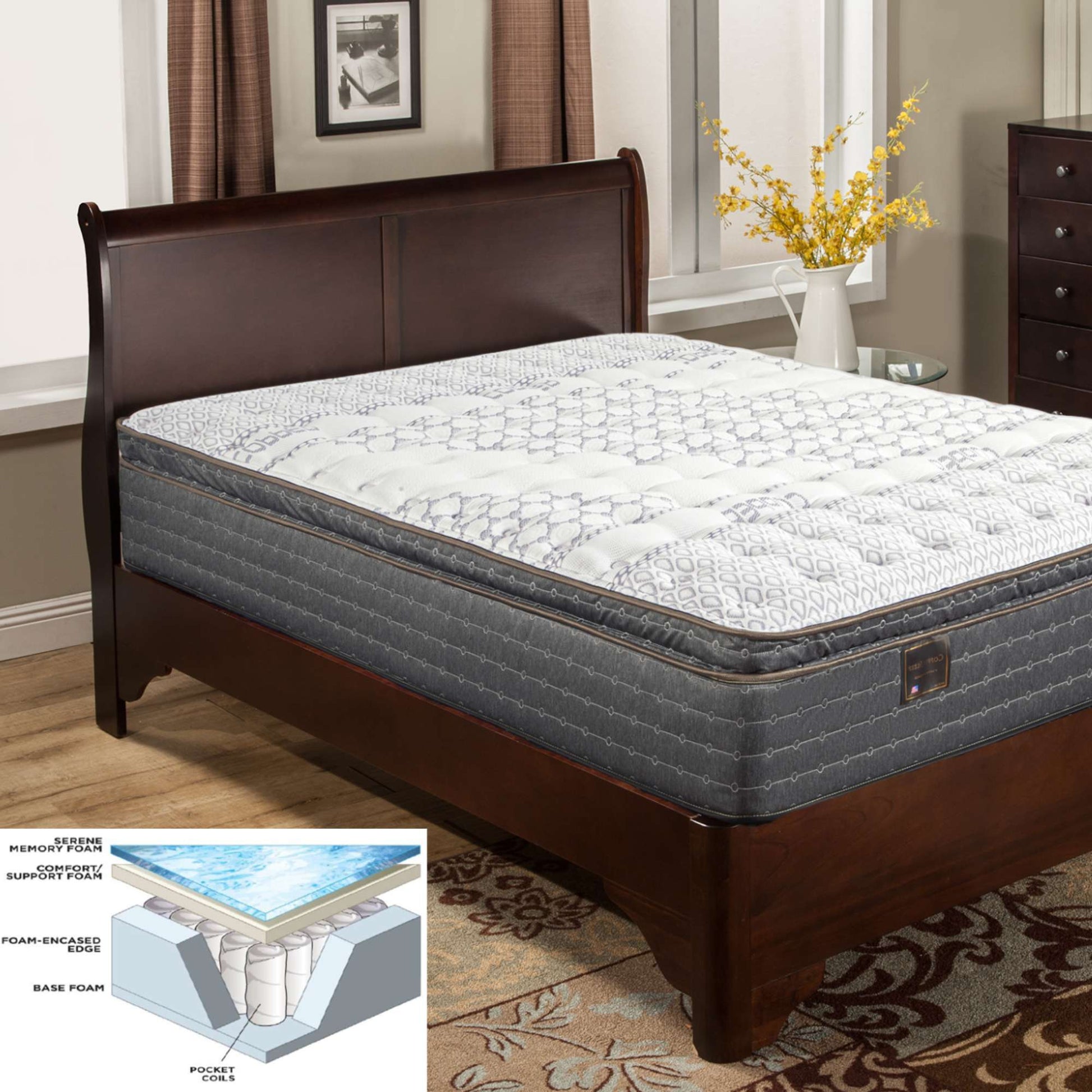 Mattress on a wooden bed frame with a close-up of mattress layers in a bedroom setting.