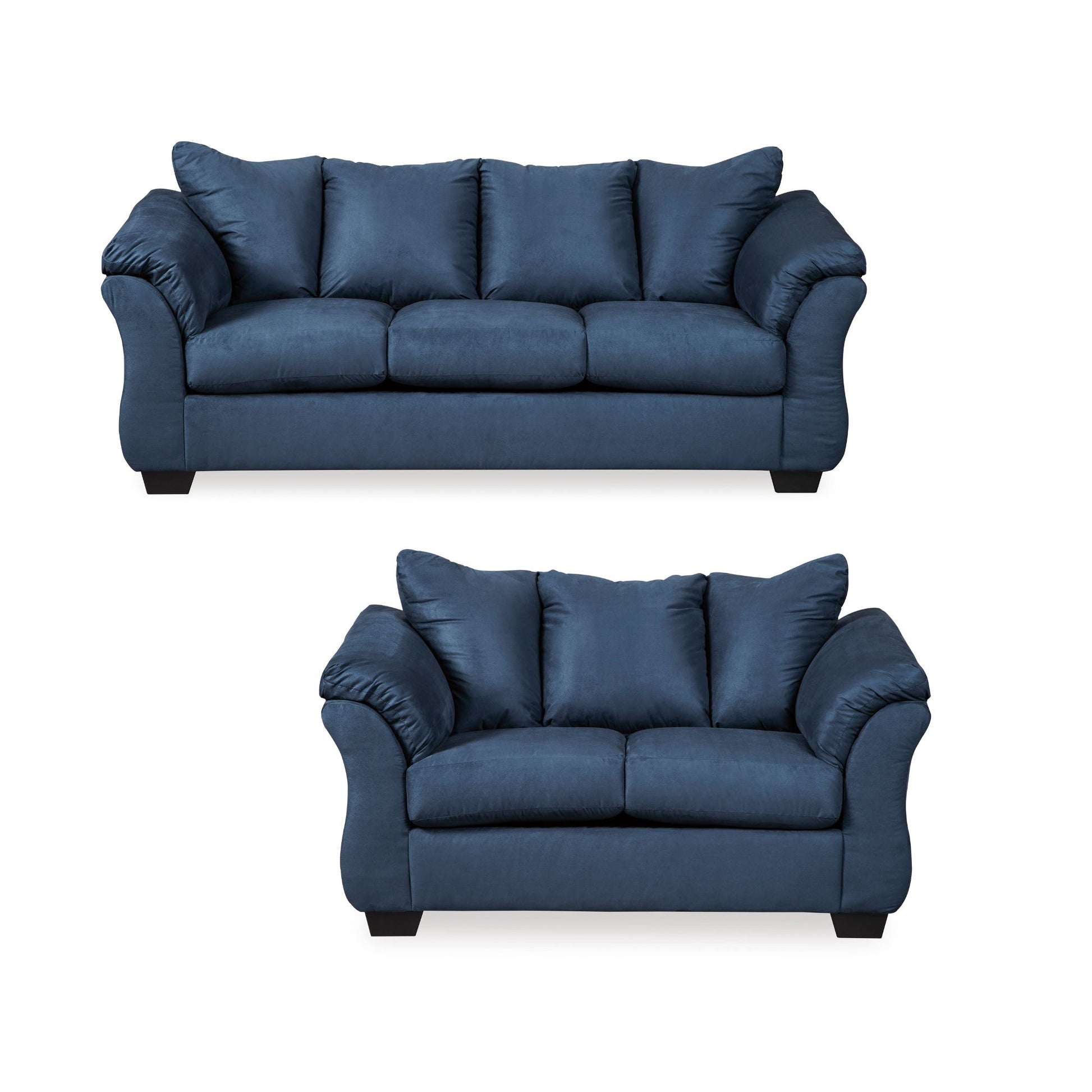 Blue Darcy Sofa and loveseat set with pillowtop arms on a white background