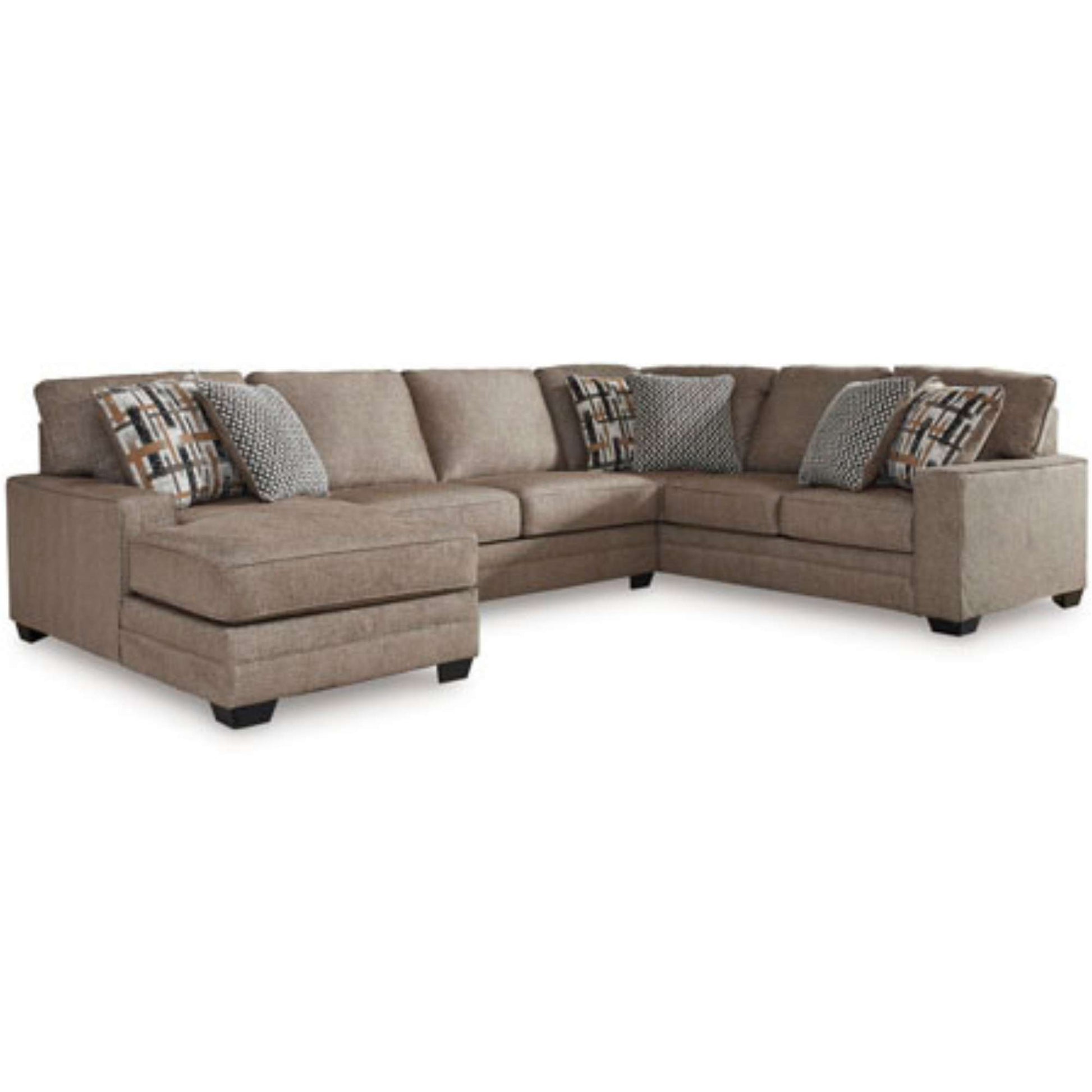 Brown sectional sofa with patterned cushions on a white background
