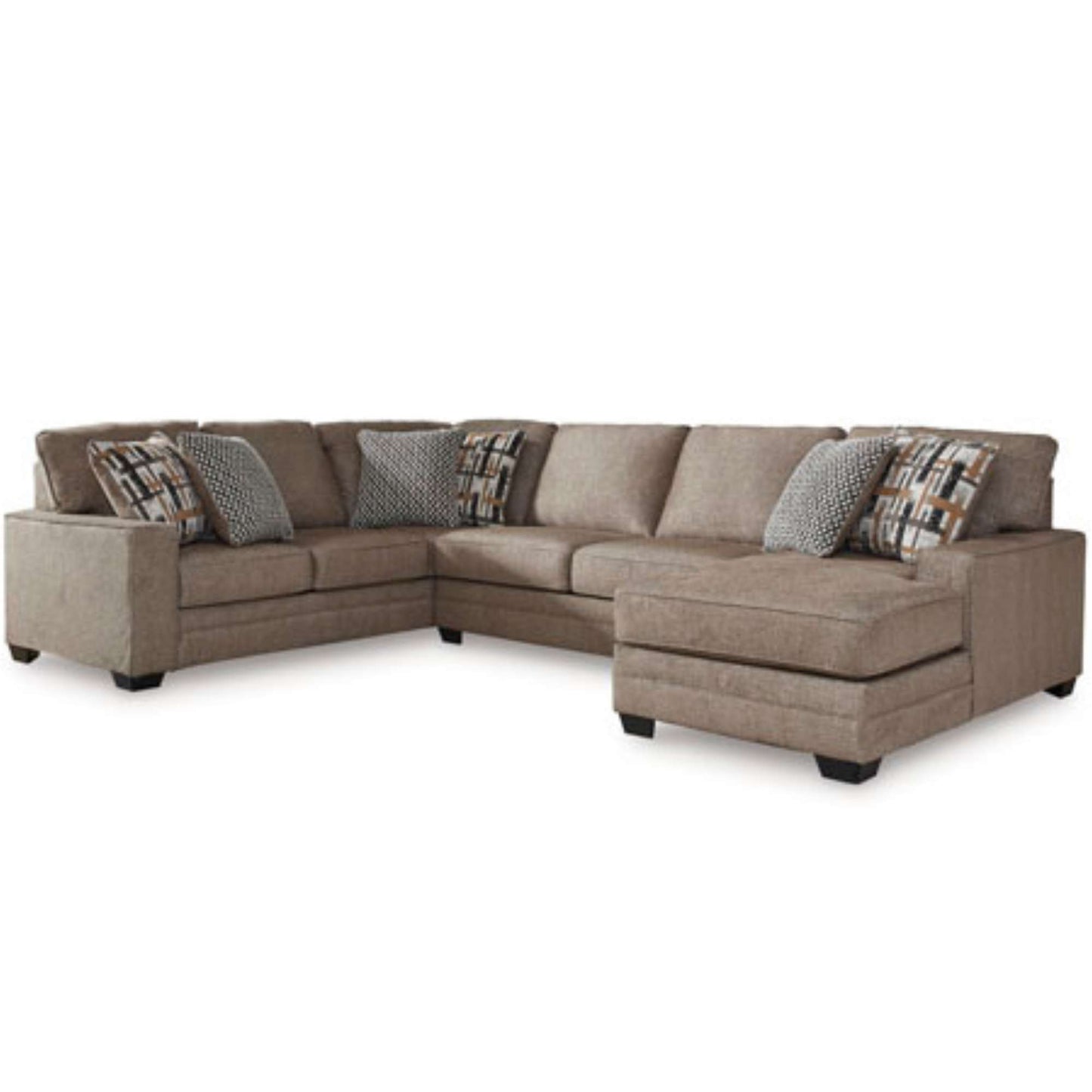 Brown sectional sofa with patterned cushions on a white background