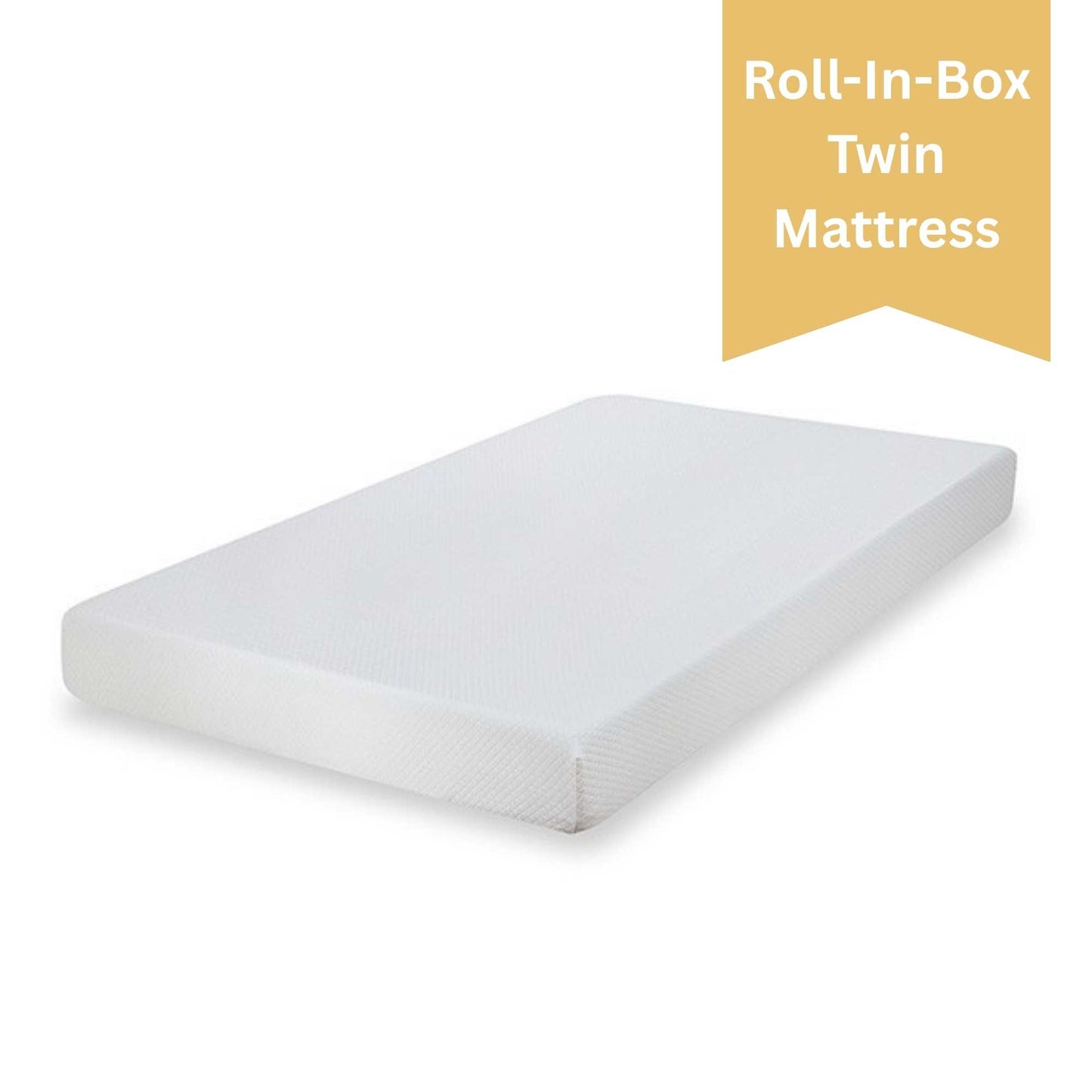 White twin mattress with 'Roll-In-Box Twin Mattress' text on a white background