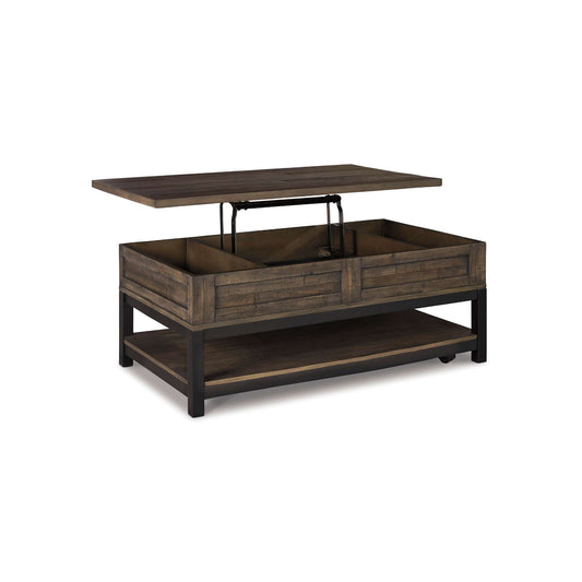 Wooden Doheny grayish brown liftop coffee table on a white background