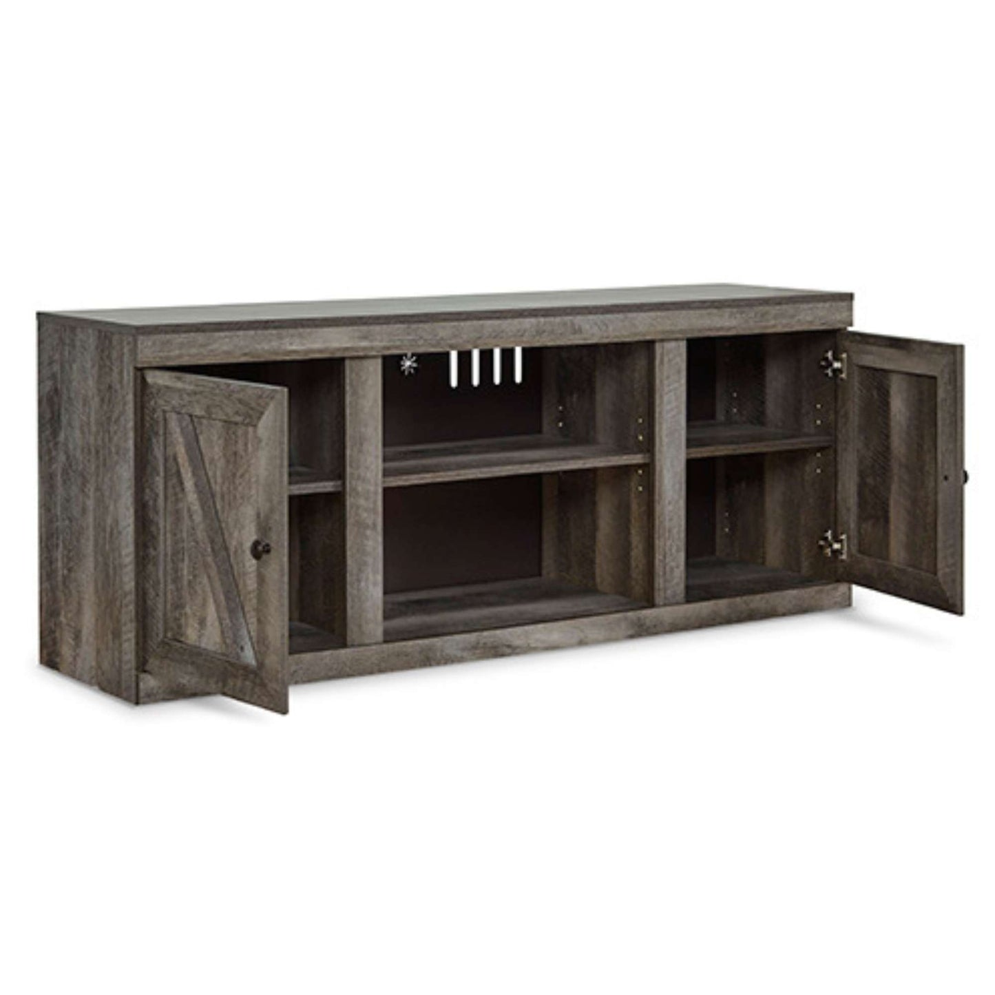 Wooden entertainment console with open doors on a white background