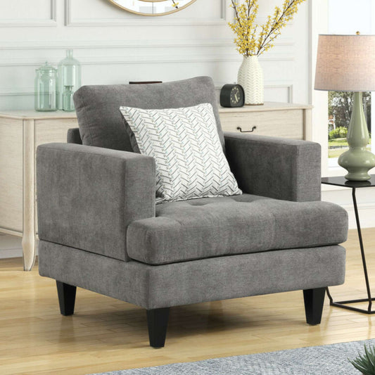 Drystan Accent Chair in Grey Upholstery with Patterned Accent Pillow in living room setting